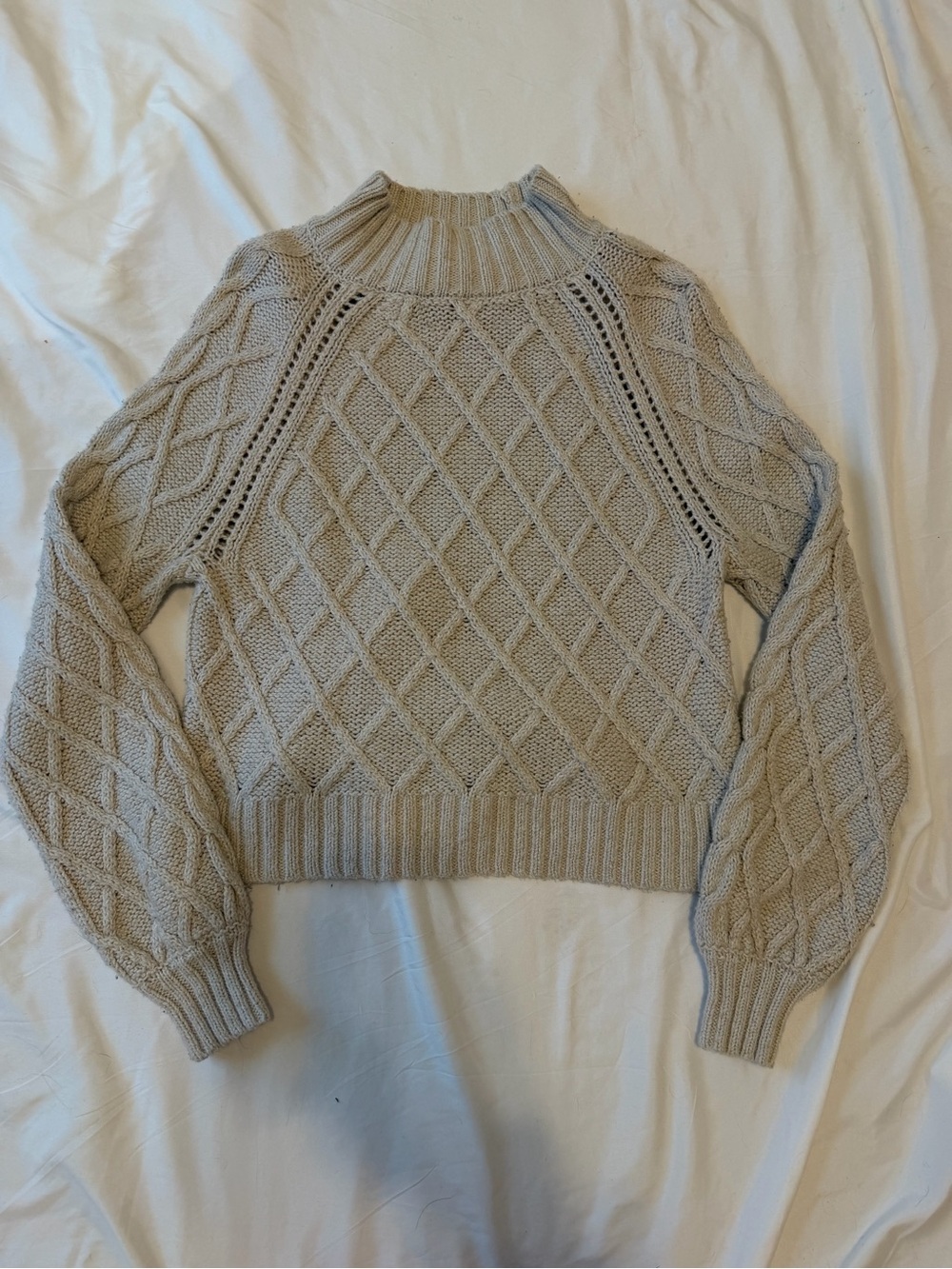 American Eagle Outfitters Cable-Knit Mock Neck Sweater in Light Beige